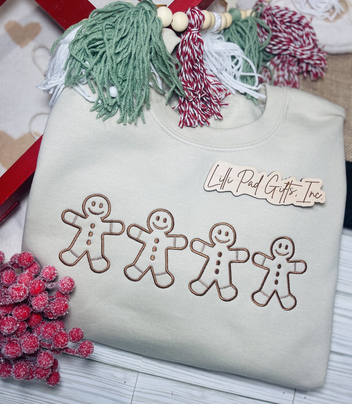 Embroidered Gingerbread Men Crewneck Sweatshirt-Tan