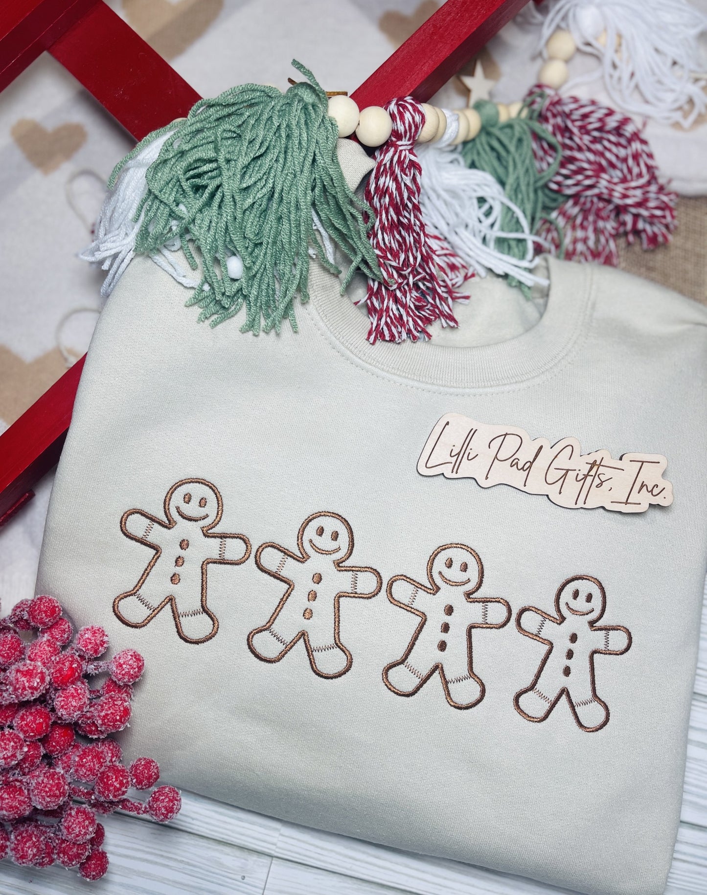 Embroidered Gingerbread Men Crewneck Sweatshirt-Tan