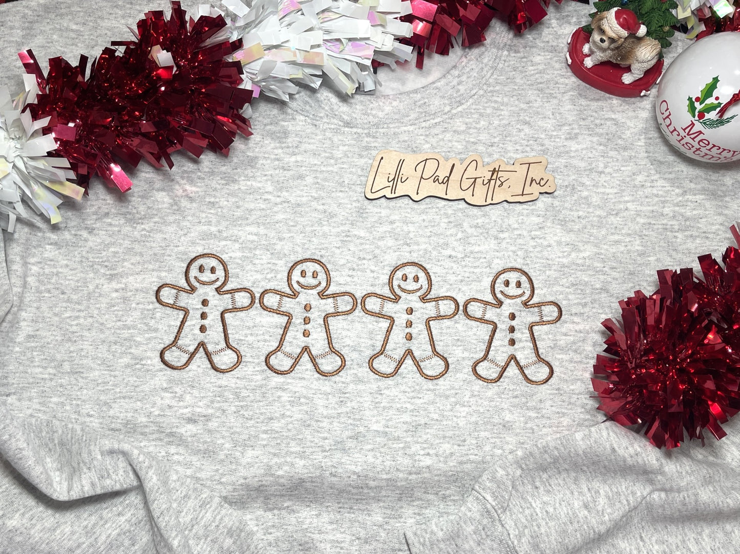 Embroidered Gingerbread Men Crewneck Sweatshirt-Ash Gray