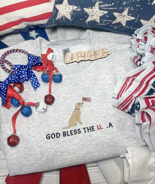 God Bless the USA - Dog with Flag Embroidered Crewneck Sweatshirt-Ash Gray